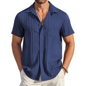 Men's Blue Casual Button Down Shirts Short Sleeve Textured Summer Beach Shirt